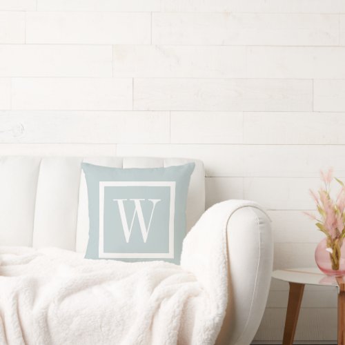 Cloud Blue and White Preppy Square Monogram Throw Pillow