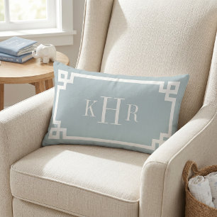 Cloud Blue Greek Key Border Custom Monogram Lumbar Pillow