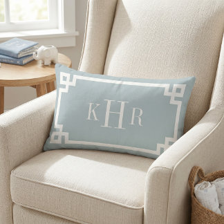 Cloud Blue Greek Key Border Custom Monogram Lumbar Pillow