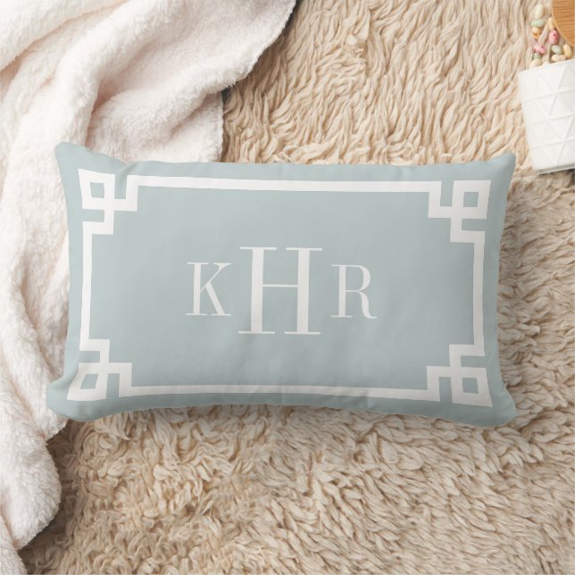 Cloud Blue Greek Key Border Custom Monogram Lumbar Pillow (Blanket)