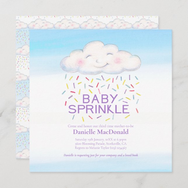 Cloud candy baby sprinkle watercolor square invitation (Front/Back)
