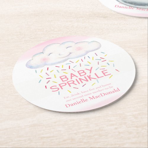 Cloud candy pink baby sprinkle colorful watercolor round paper coaster