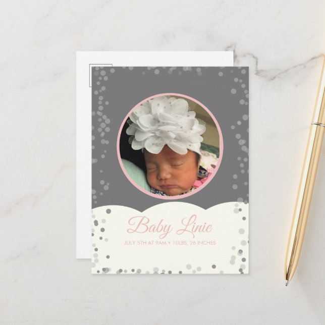 Cloud Confetti Dot Border Baby Gray Pink Announcem Announcement Postcard (Front/Back In Situ)