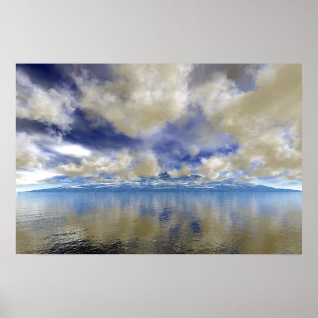 Cloud Covered Distant Ocean Mountains Poster (Front)