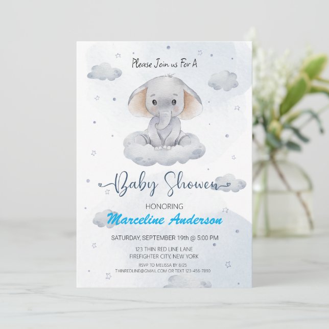 Cloud Elephant Blue Baby Shower Invitation (Standing Front)