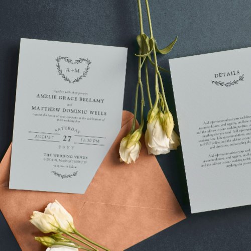 Cloud Gray Heart Wreath 2 in 1 Wedding Invitation