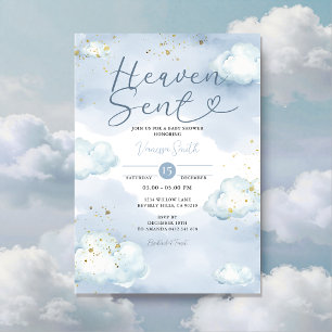 Cloud Heaven Sent Baby Shower Gold Glitter Invitation