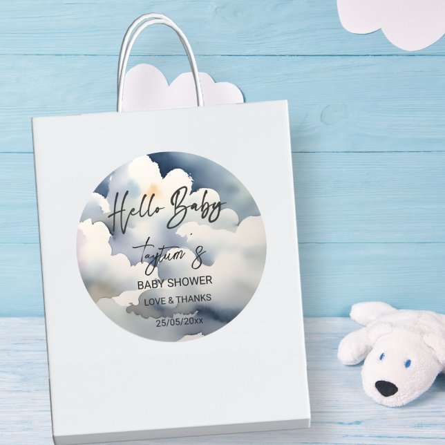 Cloud hello baby baby shower grey clouds favor classic round sticker (hello baby Cloud  baby shower grey clouds thank you favor stickers)