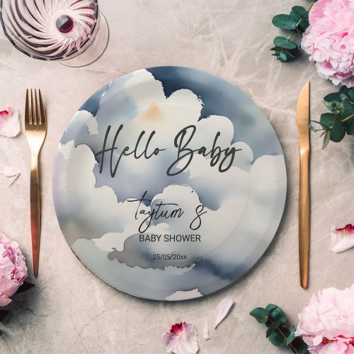 Cloud hello baby baby shower grey clouds template paper plates