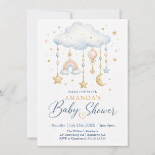 Cloud Moon Rainbow Watercolor Baby Shower Invitation