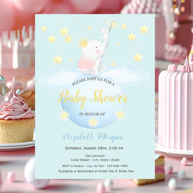 Cloud Moon,Stars Elephant Blue Dots Baby Shower Invitation (Creator Uploaded)