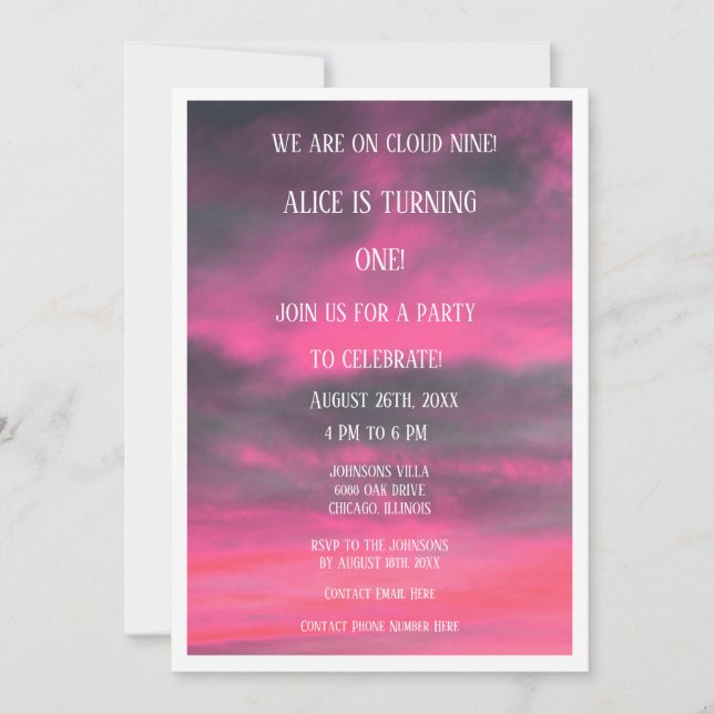 Cloud Nine 1st Girls First Birthday QR Code Pink  Invitation (Front)