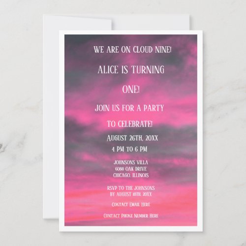 Cloud Nine 1st Girls First Birthday QR Code Pink  Invitation