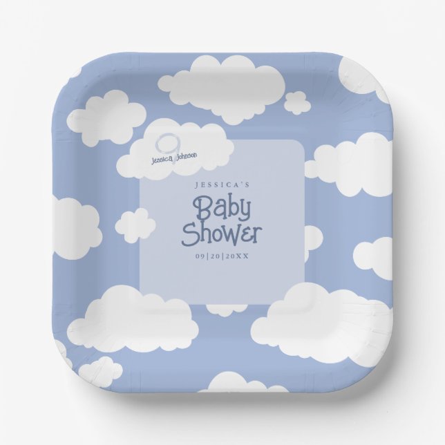 Cloud Nine 9 Baby Shower Cute Whimsical Square Paper Plates (Front)