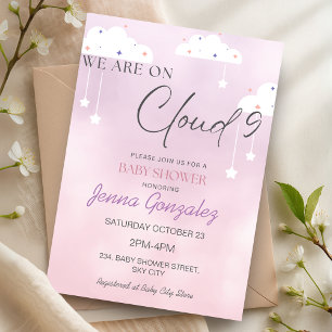 Cloud Nine 9 Girl Pink Baby Shower Invitation