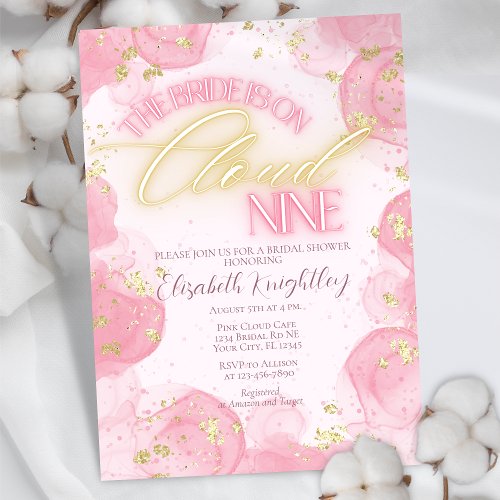 Cloud Nine 9 Glow Pink Gold Glitter Bridal Shower Invitation