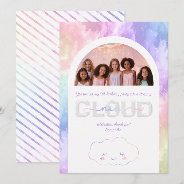 Cloud Nine 9th Birthday Thank You Card – Pastel Sk (Front/Back)