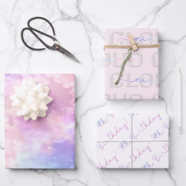Cloud Nine 9th Birthday Wrapping Paper – Pastel Sk (Front)