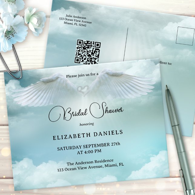Cloud Nine Angel Blessings Bridal Shower Postcard (Bridal shower invitation postcard featuring a heavenly scene with dream clouds and angel wings)