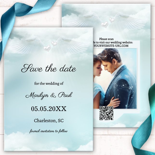 Cloud Nine Angel Wings Photo Save the Date  (Wedding Save the Date card featuring a dreamy design with angel wings and hearts on cloud nine)