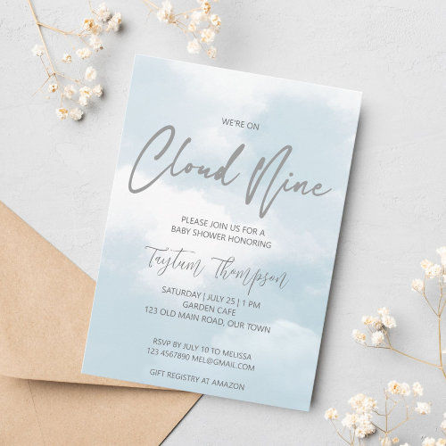 Cloud nine baby shower grey dusty blue invitation