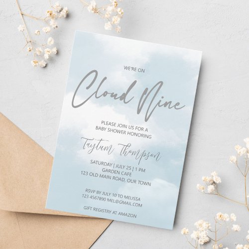 Cloud nine baby shower grey dusty blue invitation