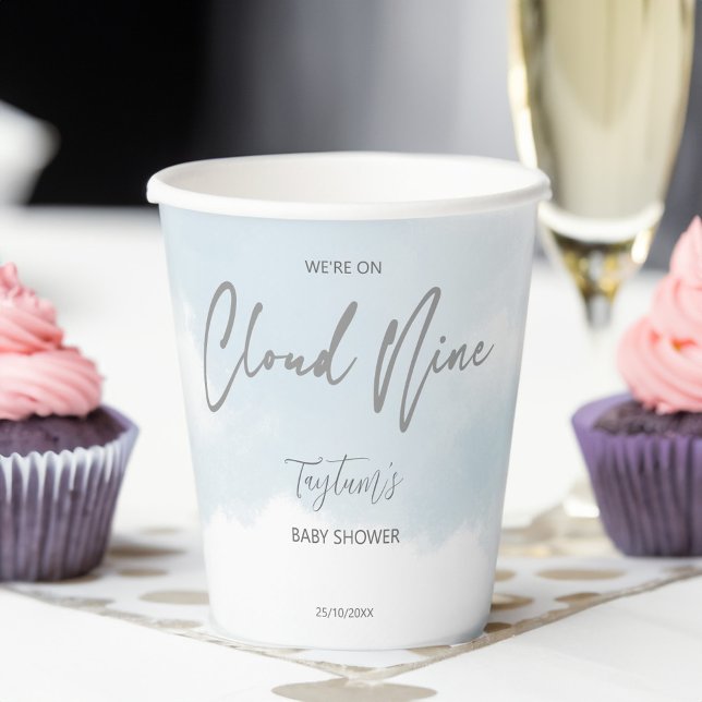 Cloud nine baby shower grey dusty blue paper cups (Cloud nine baby shower grey dusty blue template paper cups personalized cloud tableware table decor)