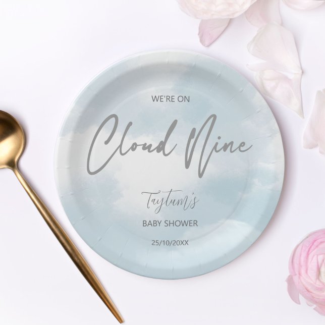 Cloud nine baby shower grey dusty blue paper plates (Cloud nine baby shower grey dusty blue paper plates personalized tableware table decor matching)