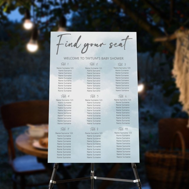 Cloud nine baby shower seating chart foam board (Cloud nine baby shower seating chart modern grey casual script grey white clouds background)