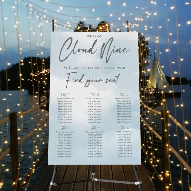 Cloud nine baby shower seating chart foam board (Cloud nine baby shower seating chart welcome sign seating arrangement grey modern font clouds)