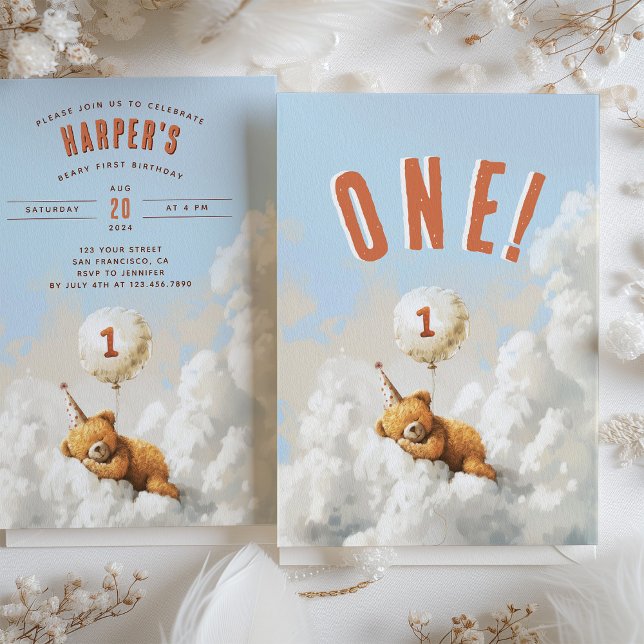 Cloud Nine Bear-Themed First Birthday Party Invitation (Creator Uploaded)