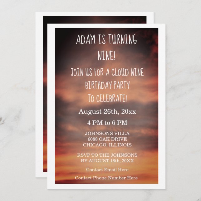 Cloud Nine Birthday Party 9th Ninth Custom Age Invitation (Front/Back)