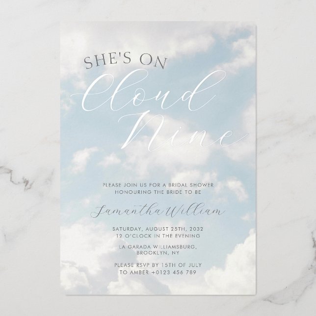 Cloud Nine Blue Cloudy Sky Modern Bridal Shower  Foil Invitation (Front)