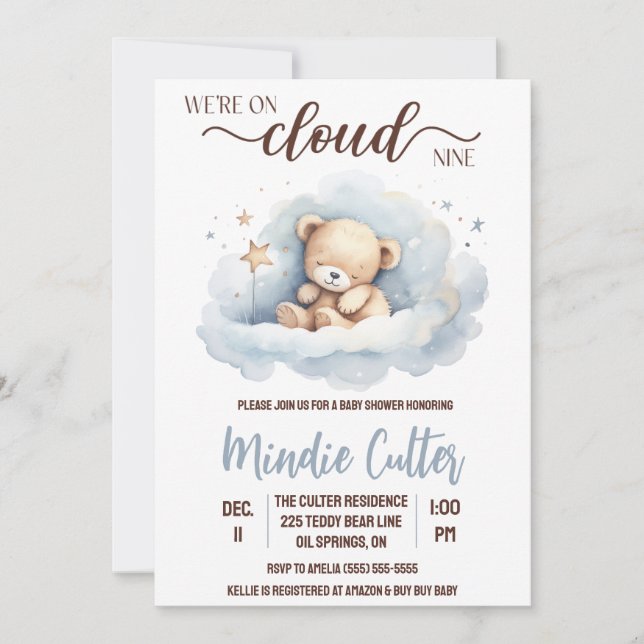 Cloud Nine, Blue Sleeping Teddy Bear Baby Shower Invitation (Front)