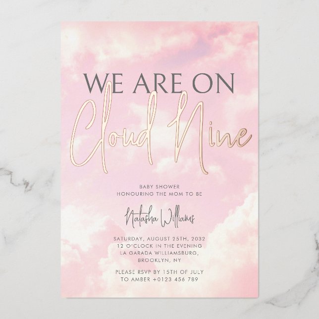 Cloud Nine Clouds Sky Baby Shower Foil Invitation (Front)