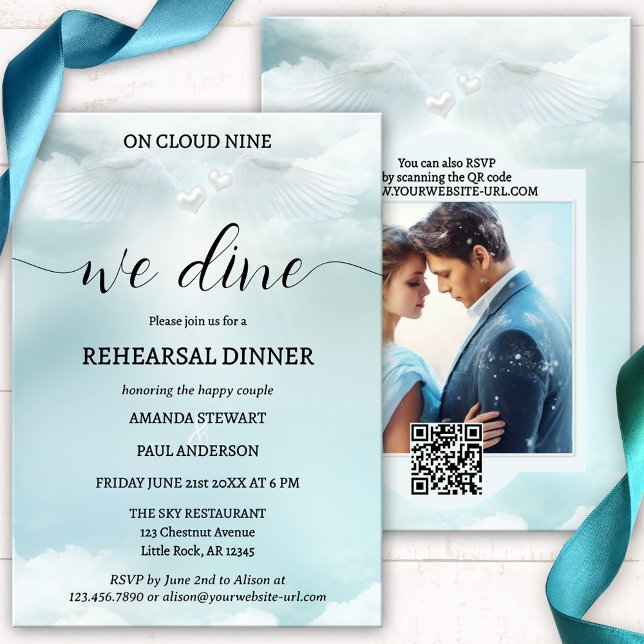 Cloud Nine Dream Wedding Rehearsal Dinner Invitation (Elegant script wedding rehearsal dinner invitation featuring dreamy fluffy clouds with angel wings)