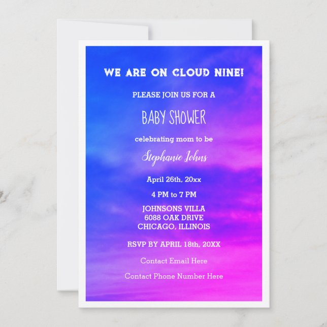 Cloud Nine Girl Baby Shower Blue Pink Colorful Invitation (Front)