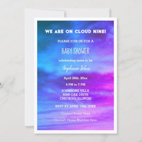 Cloud Nine Girl Baby Shower Colorful Pink Blue Art Invitation