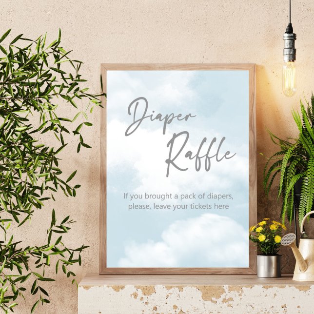 Cloud nine pastel grey diaper raffle table sign (Cloud nine pastel grey dusty blue baby shower diaper raffle table sign personalized decor)