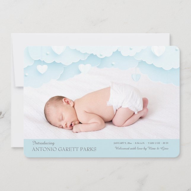 Cloud Nine Photo Birth Announcement Blue (Front)