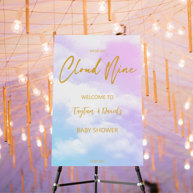 Cloud nine pink and blue baby shower welcome sign (Cloud nine baby shower welcome sign board pink and blue ombre gold modern casual script welcome sign)