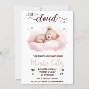 Cloud Nine, Pink Sleeping Teddy Bear Baby Shower Invitation