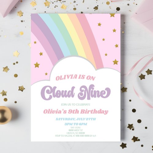 Cloud Nine Rainbow and Stars 9th Birthday Party Invitation