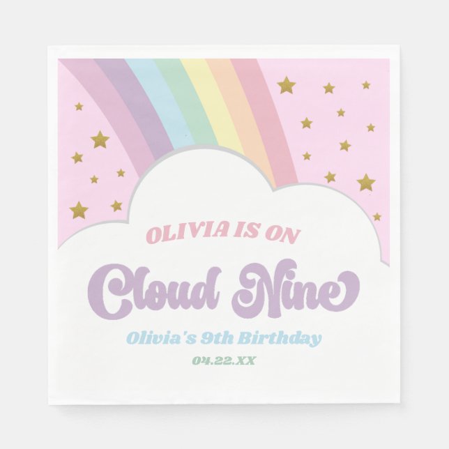 Cloud Nine Rainbow and Stars 9th Birthday Party Napkins (Front)