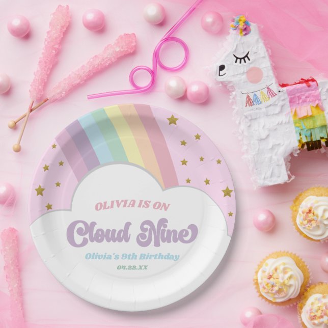 Cloud Nine Rainbow and Stars 9th Birthday Party Paper Plates (Party)