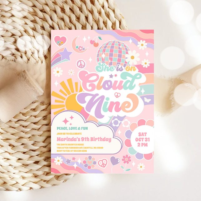 Cloud Nine Retro Groovy Daisy 9th Birthday Invitation (Creator Uploaded)