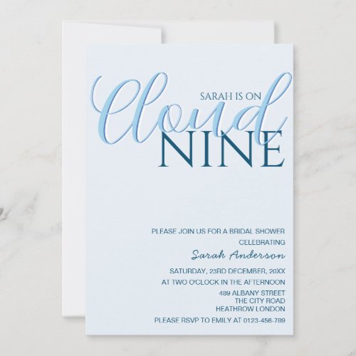 Cloud Nine Simple Typography blue bridal shower Invitation