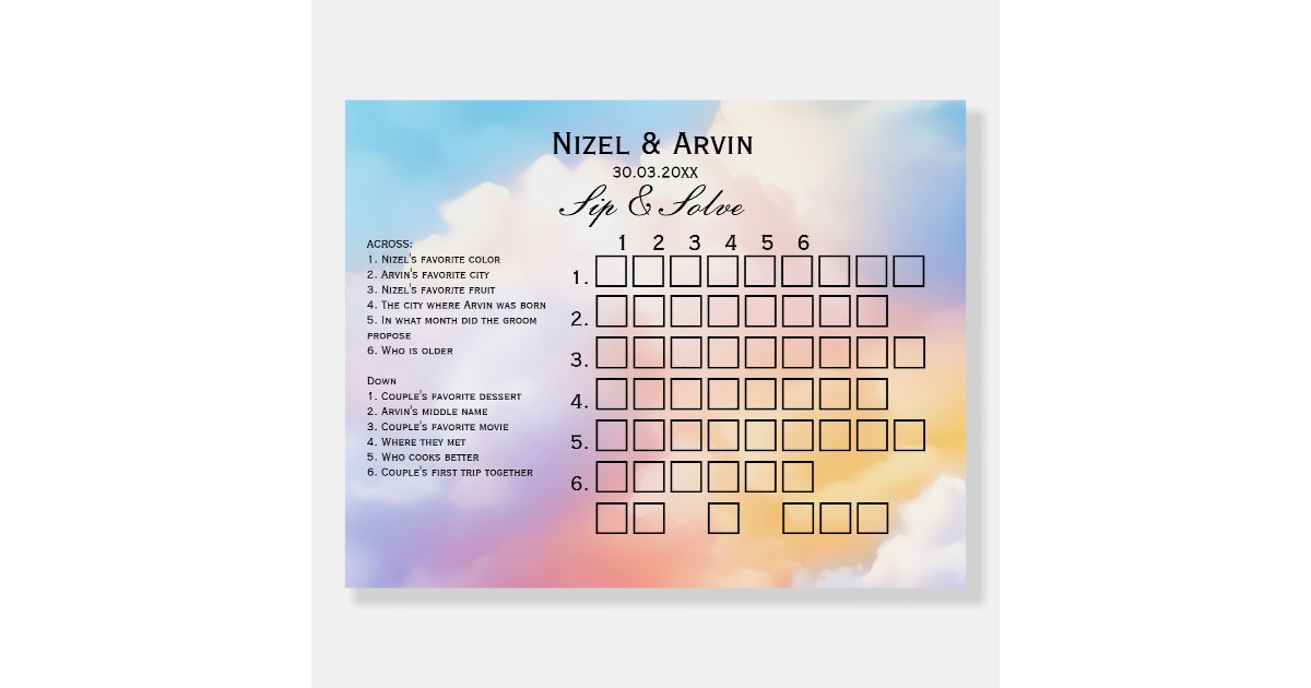 Cloud Nine sip solve crossword puzzle template Foam Board Zazzle