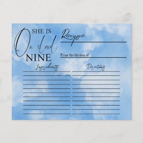 Cloud Nine Sky Blue Bridal Shower Recipe Game Card