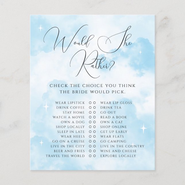 Cloud Nine Would She Rather Bridal Shower Game (Front)